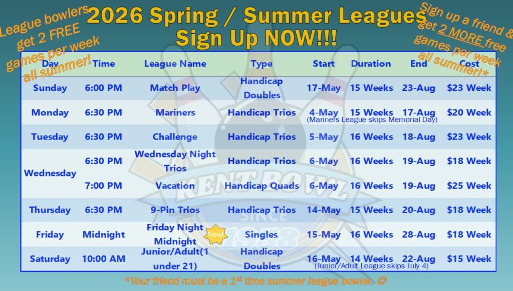 Free games, spring, summer, bowling leagues, fun times, midnight league, after hours league