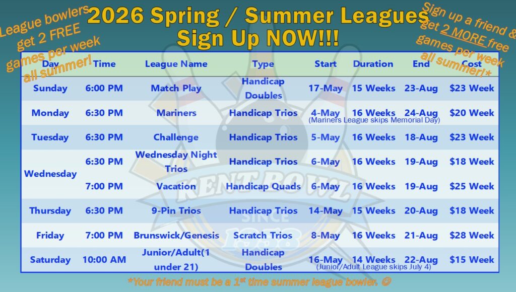 Free games, spring, summer, bowling leagues, fun times